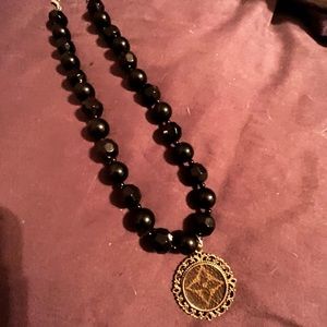 Black bead necklace with LV pendant